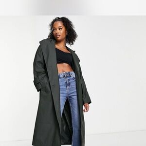 ASOS Design Rubberized Trench Coat in Dark Green Petite